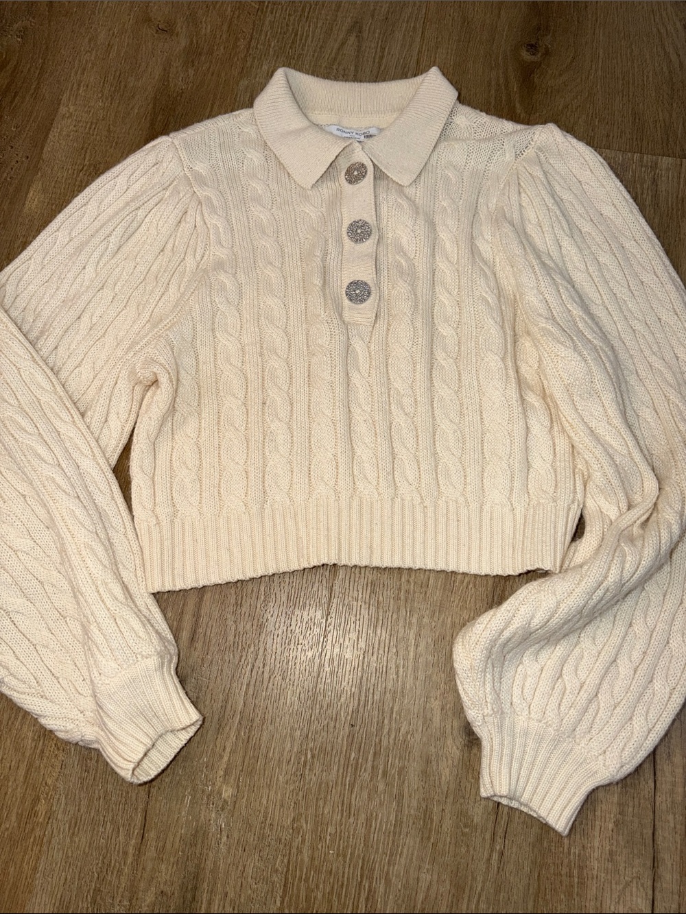 Ronny Kobo Cream Collared Cable Knit Sweater Statement Sleeves